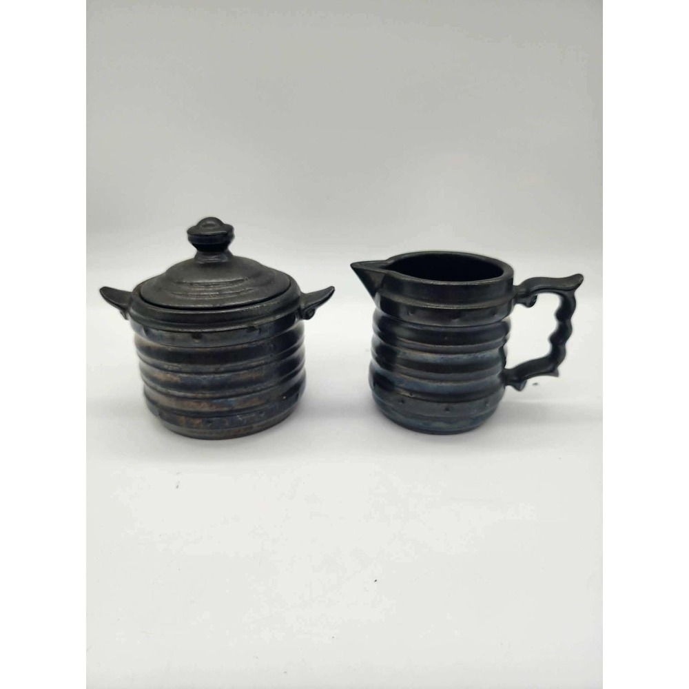 Vintage Japanese Iridescent Black Blue Glaze Ribbed Creamer and Sugar Bowl Set